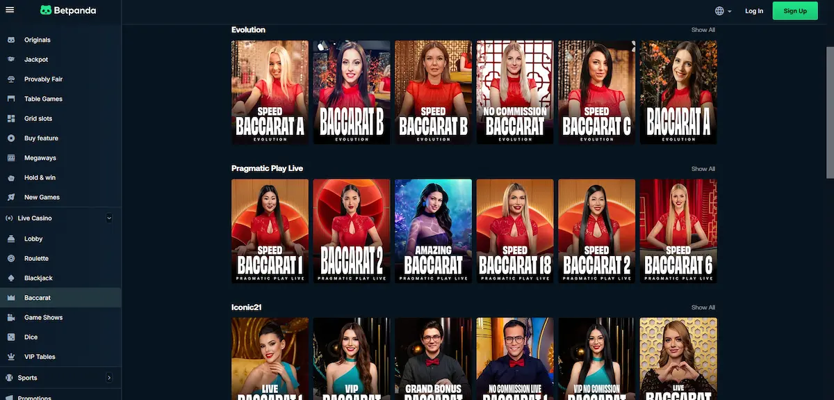 Živé baccaratové stoly od Evolution a Pragmatic Play Live v Betpanda Casino